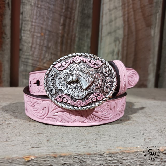 Nocona Western Belt Girls Leather Floral Pink Embroidery Diamonds order Belt Buckle